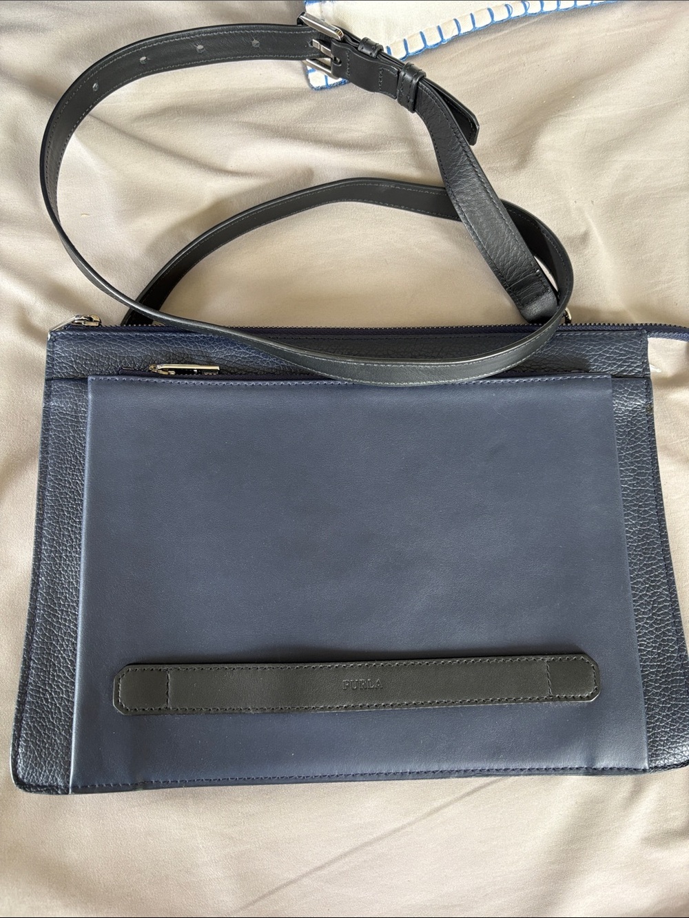FURLA Navy Leather Crossbody Clutch with Adjustable Strap